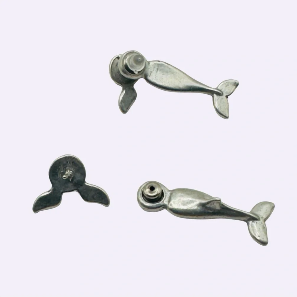 Vintage EARlusion Earrings 3D Pewter Dolphin Studs Silver Tone